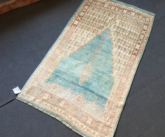 3.3x5.6 feet handmade antique old rug, vintage bedroom area wool rug, faded color turkish kitchen large rug, oushak living room blue rugs