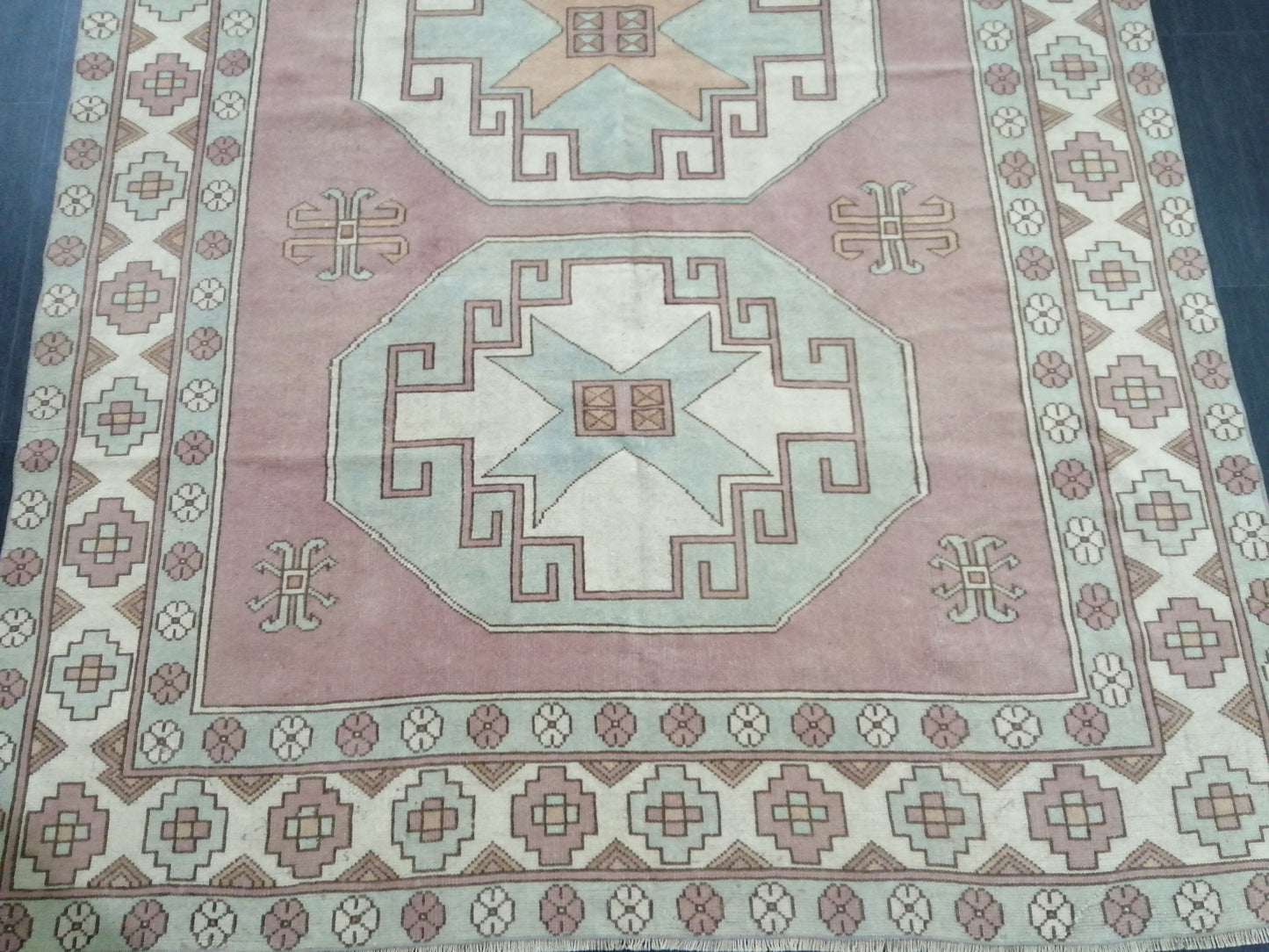 Muted OUSHAK RUG 9.7 x 6.4  Muted Vintage Rug Vintage Rug Dusty Rose And Ice Blue Wool Oushak Rug Hand Made Rugs Vintage Turkish Rug