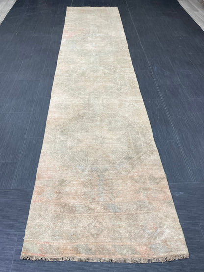 Muted Vintage Runner Rug 2.7 x 12.2 Muted Turkish Runner Star Rug Muted Oushak Runner Rug Hallway Runner Kitchen Runner Rug Wool Runner