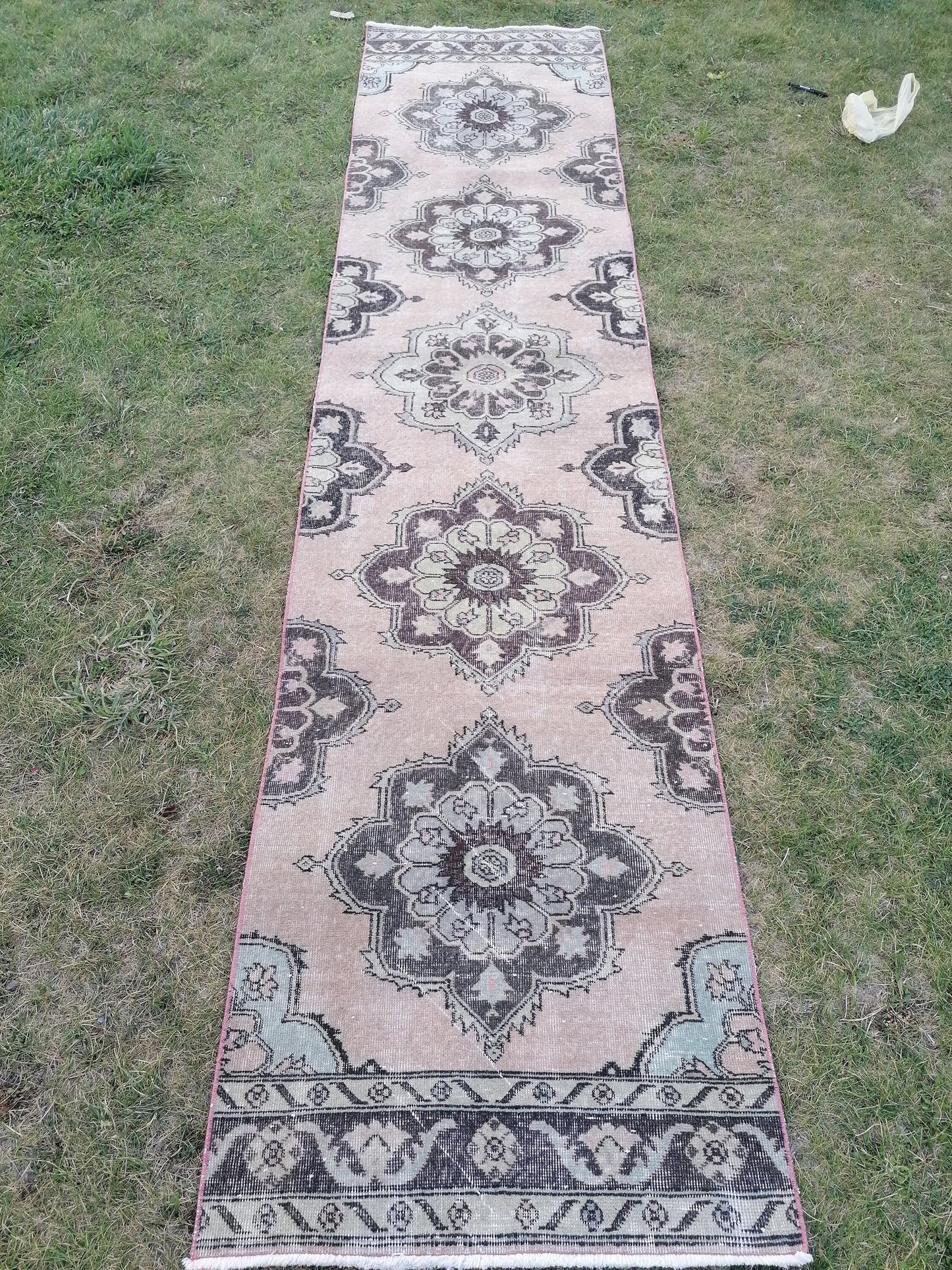 2'8x11'10 oushak turkish runner rug, vintage green runner rug, vintage wool runne, vintage hand made rug , kitchen runner rug,
