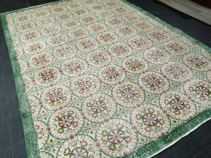 6.4 X 9.5 Rug, Hand Made Rug, Oushak Rug, Rustic Rug, Bohemian Rug, Green Floral Rug , Turkish Rug, Farmhouse Rug, Vintage Rug, Wool rug