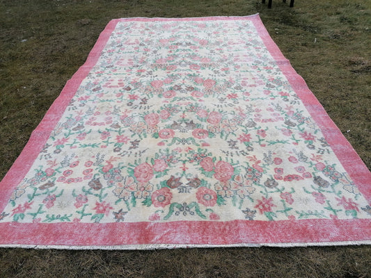 Turkish pink rug 9'3x5'6 pink color rug, vintage turkish rug,oushak vintage rug, vintage rug, kitchen rug, vintage anatolian rug