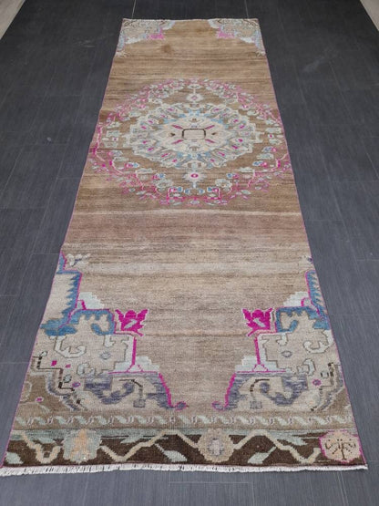 Vintage Runner Rug 3.6 x 10.5 Turkish Runner Rug Varigated  Brown Vintage Runner Rug Hallway Runner Rug Kitchen Runner Rug Wool Runner
