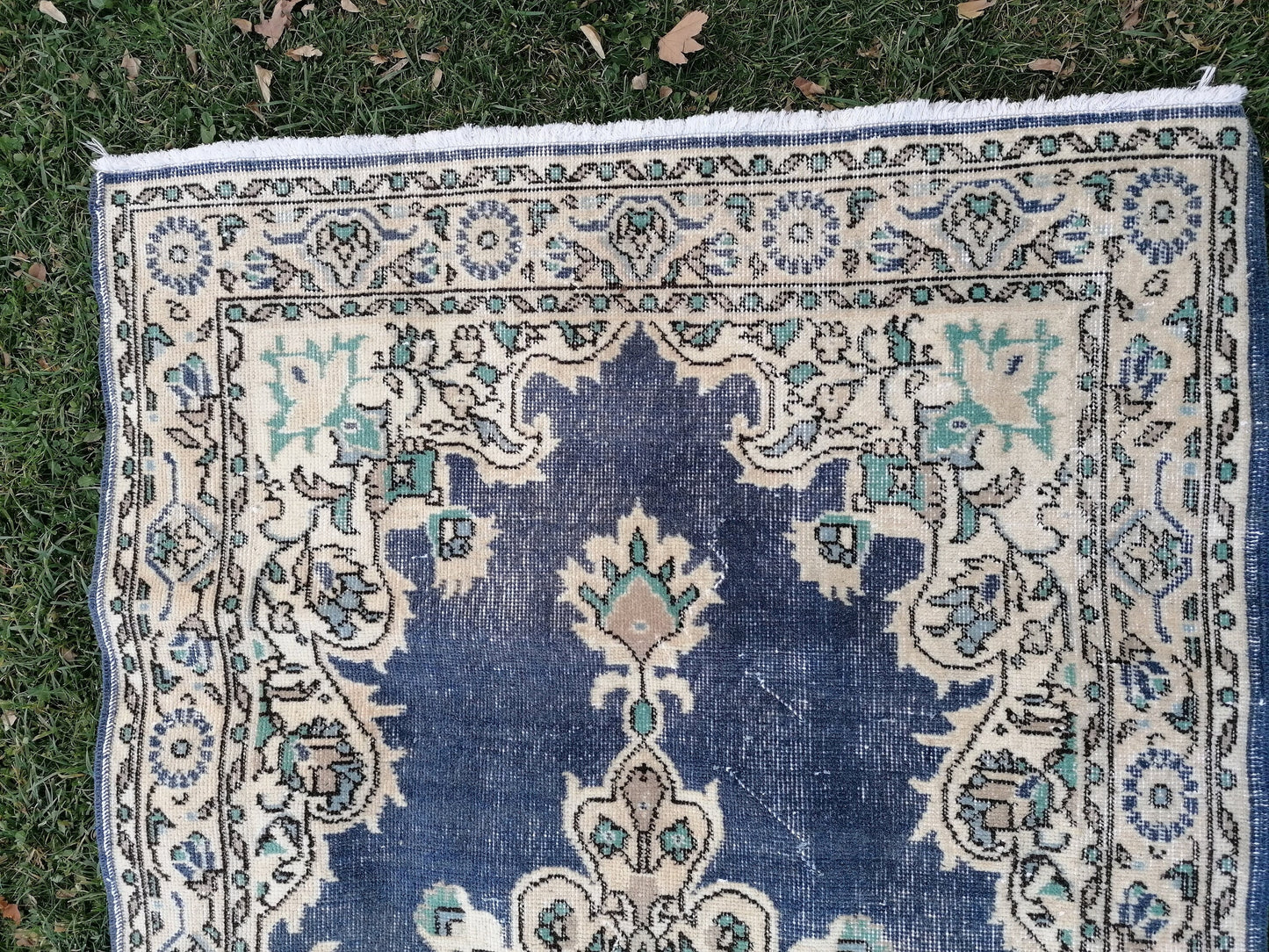 Turkish oushak rug, blue vintage rug 7'2x3'10