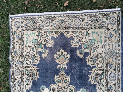 Turkish oushak rug, blue vintage rug 7'2x3'10