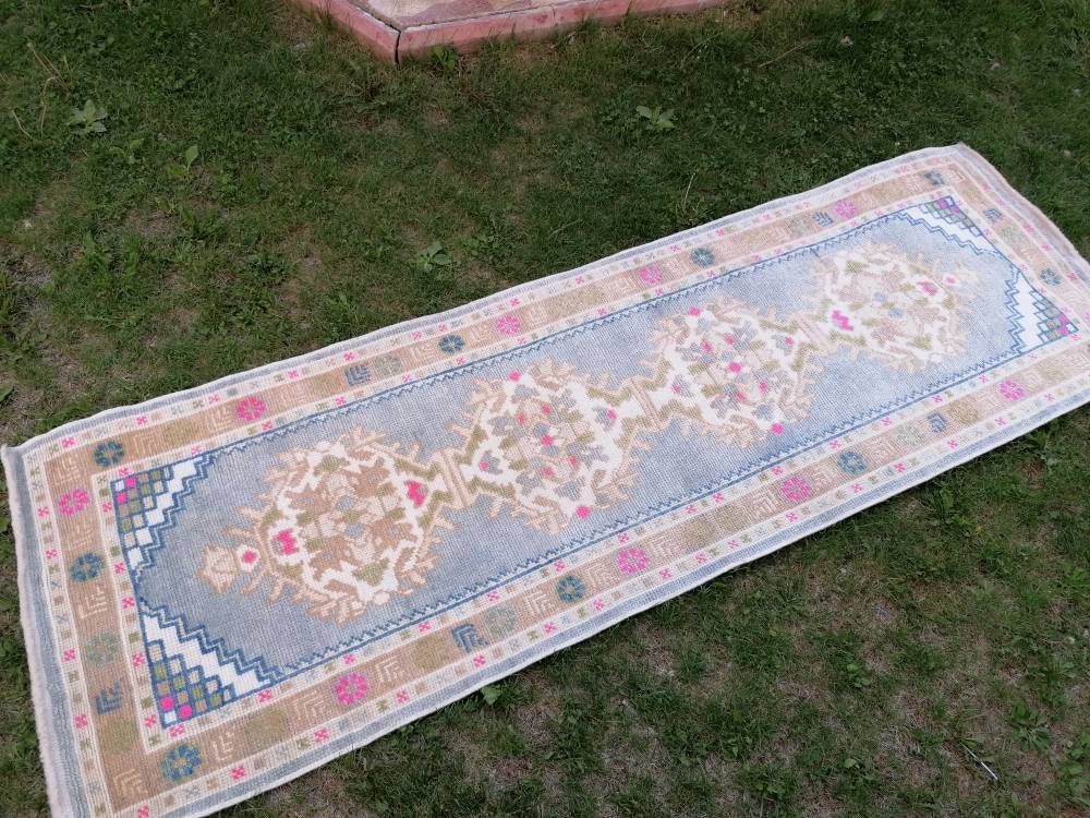 2'10x8'10 blue turkish oushak runner, new production hallway handmade runner turkish runner rug kitchen runner