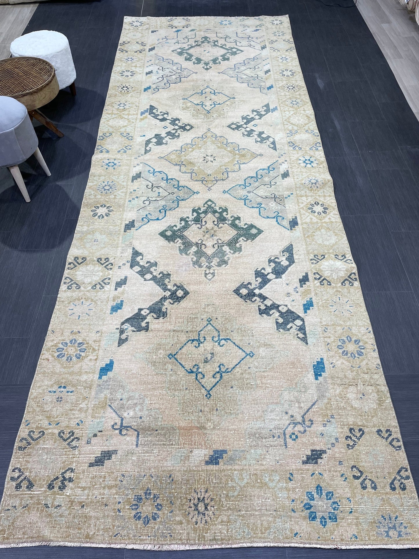 Vintage RUG, Antique Rug, 4.6 x 12.9 Distressed Muted Rug, Muted Wool Neutral Rug, Handmade Rug, Vintage Turkish Rug, Hand Knotted Rug,