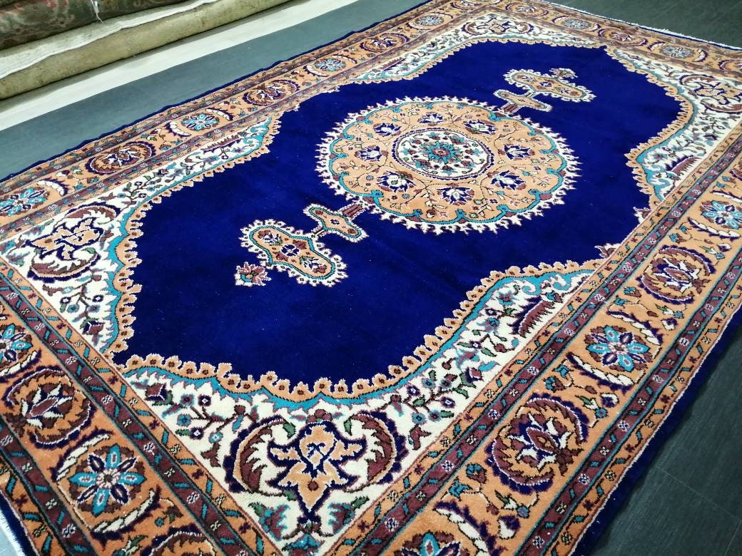 Navy High Wool Pile OUSHAK RUG 7 x 10.7 TURKISH Oushak Rug Vintage High Pile Oushak  Rug Vintage Rug Wool Oushak Rug Blue Rugs Persian Rug