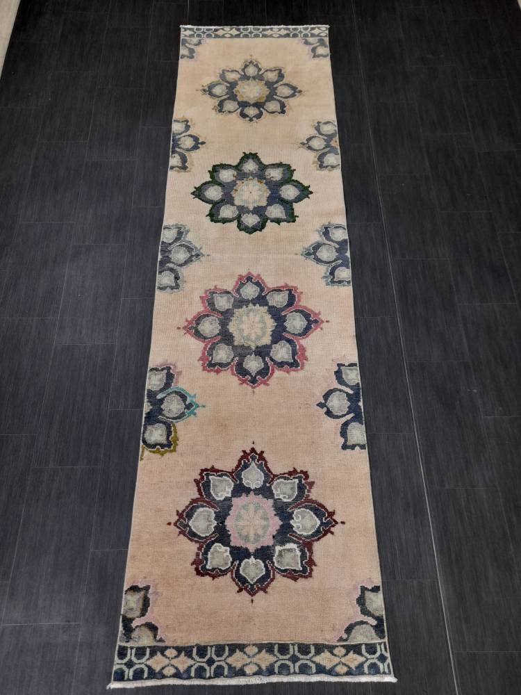 Muted Vintage Runner Rug 2.7 x 10.4 Muted Turkish Runner Rug Hand Made Runner Rug Vintage Runner Rug Hallway Runner Rug Distressed Runner