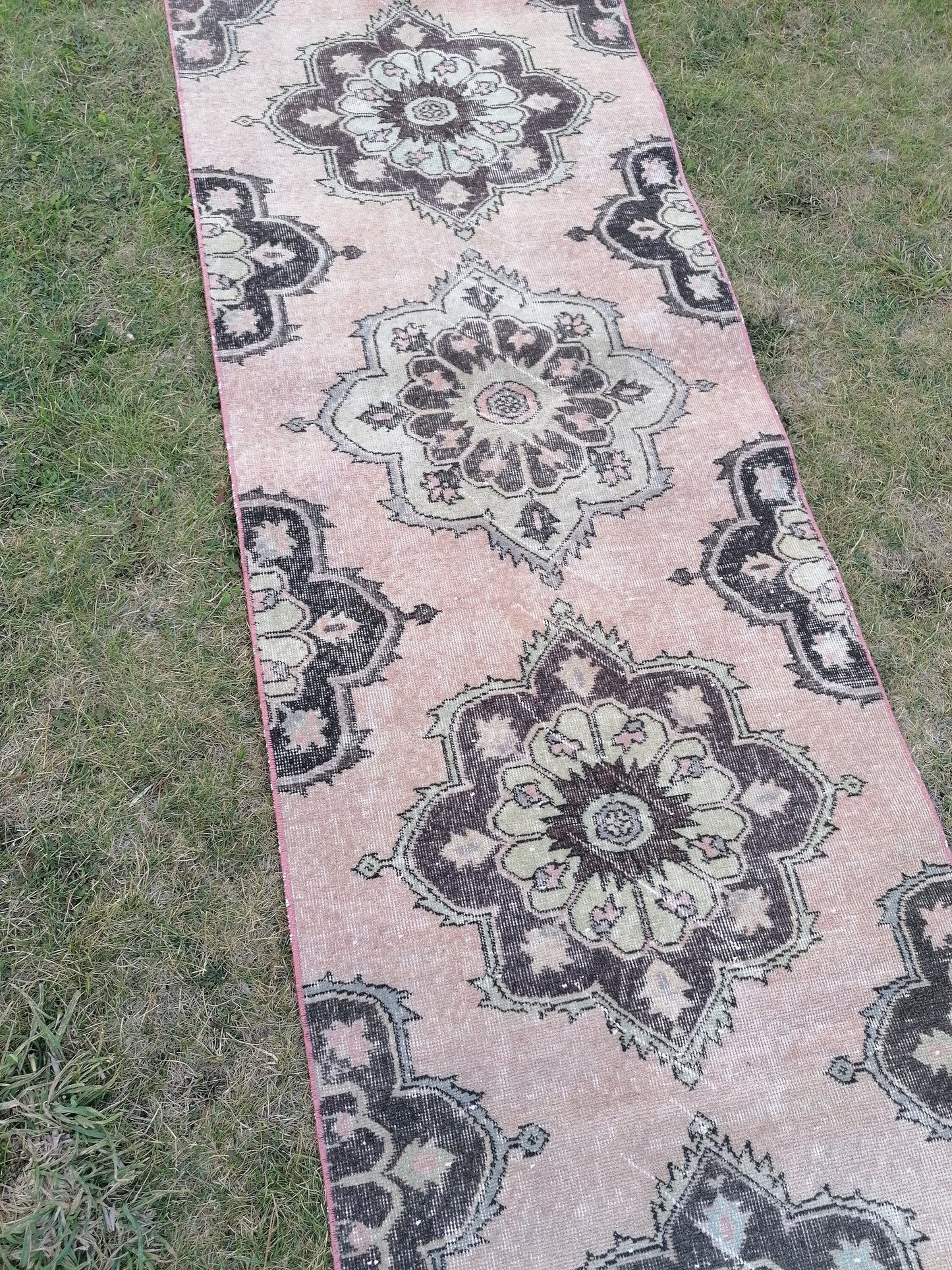 2'8x11'10 oushak turkish runner rug, vintage green runner rug, vintage wool runne, vintage hand made rug , kitchen runner rug,