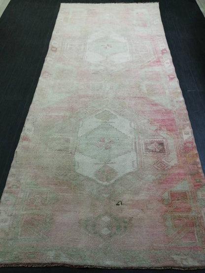 Vintage Runner 4.7 x 11.4 TURKISH Muted Runner Rug Vintage Oushak Runner Rug Light Pink Runner Rug Wool Oriental Runner Antique Runner Rug