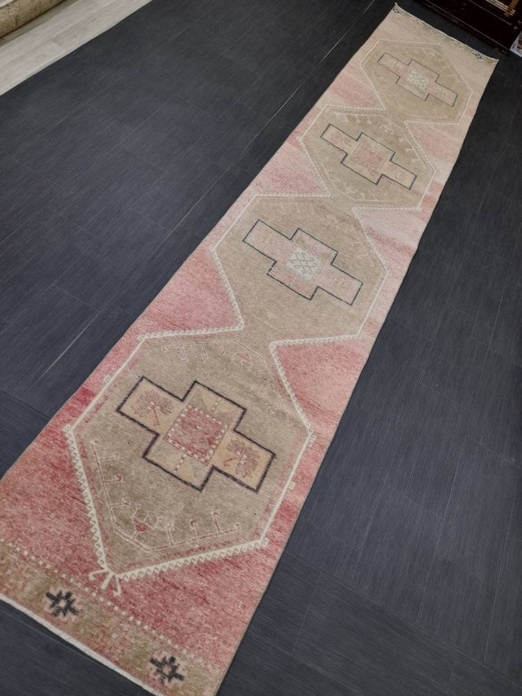 Pink Vintage Runner Rug 2.7 x 13.8 Long Turkish Runner Rug Oushak Runner Oriental Kitche RUNNER Rug Varigated Blush Rug Hallway RUG Runner