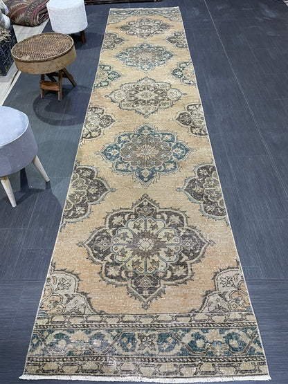 Muted  Handmade Runner Rug, Turkish Runner 2.10 x 13 Rug, Vintage Runner Rug Hallway Runner Rug, Hand Knotted Runner Rug, Persian Runner