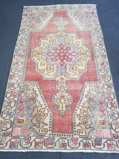 Distressed turkish rug, vintage wool rug 4x8'4 oushak handmade rug, rustic kitchen rug, bohemian rug