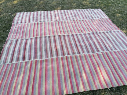 9.5x9.9 Flatwoven kilim rug stripe turkish handmade rug, Flatwoven vintage oushak rug, wool rug