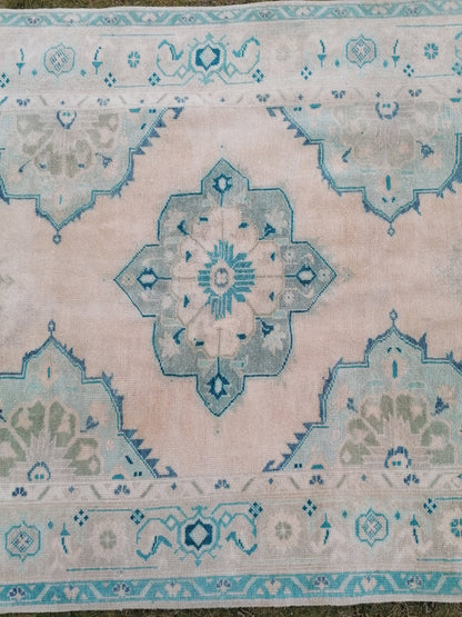 Oushak wool rug 5'4x10'8 long faded blue oushak runner rug vintage runner, hallway runner, kitchen runner rug