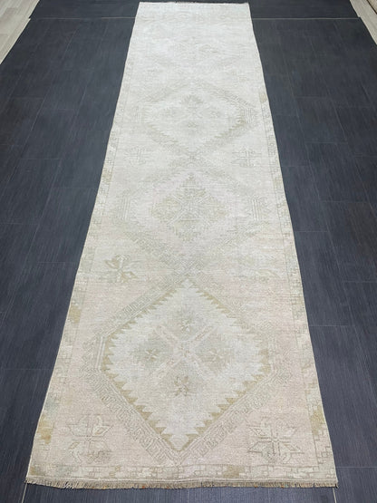 Muted Oushak Runner 3.2 x 12.5 Rug Turkish Runner Rug Vintage Runner Rug Hallway Runner Rug Kitchen Runner Rug Wool Runner Rug