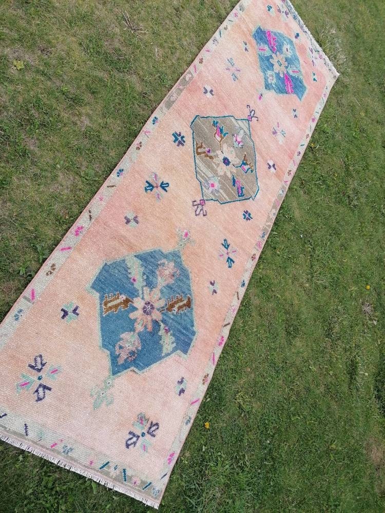 Vintage  blue runner, oushak wool runner 3x10'4 hallway green runner, turkish runner rug, entery runner, kitchen runner