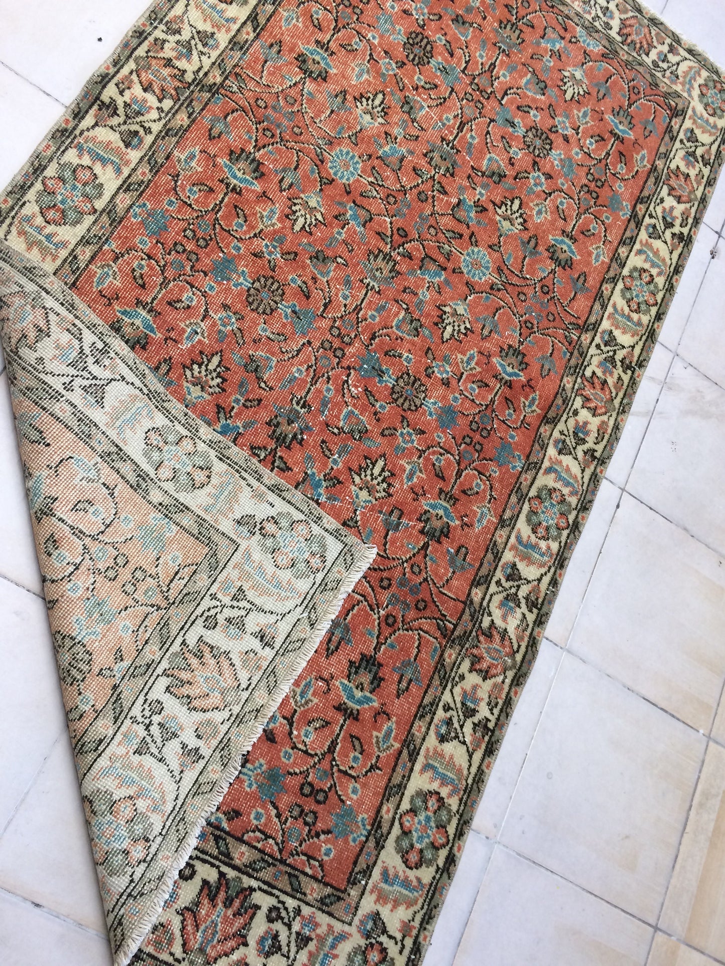 3.5 x 7 Rug Turkish Rug Eclectic Rug Shabby Chic Rug, Rustic Rug,Floral Boho Rug, Rug Runner,  Farmhouse Rug, Vintage Rug, Orange Rug