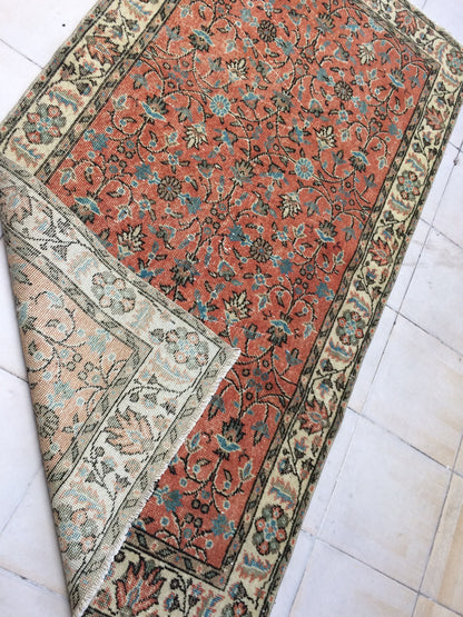 3.5 x 7 Rug Turkish Rug Eclectic Rug Shabby Chic Rug, Rustic Rug,Floral Boho Rug, Rug Runner,  Farmhouse Rug, Vintage Rug, Orange Rug
