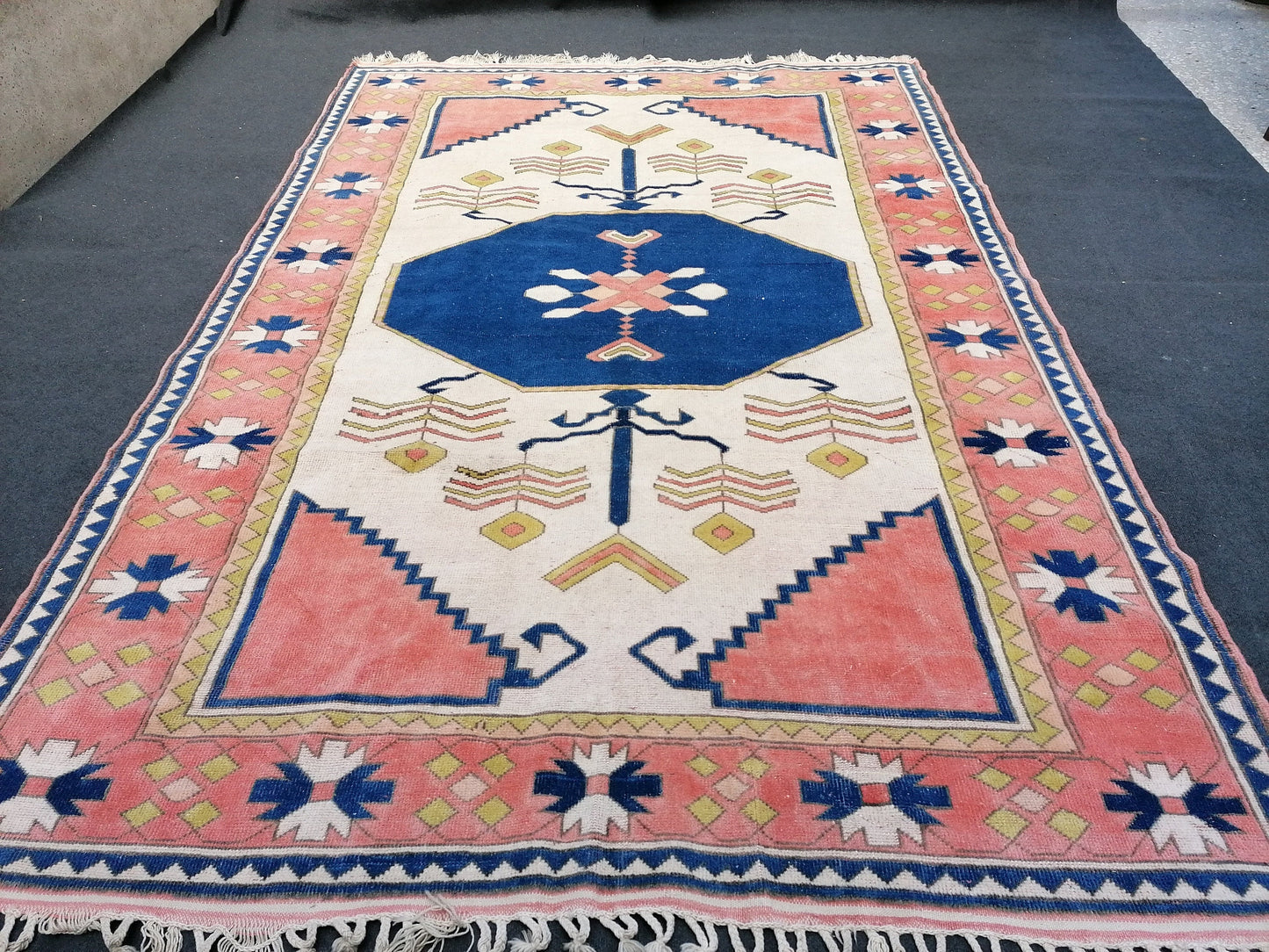 7'2x11 oushak wool rug, large turkish blue rug, vintage hand made rug, living room rug kitchen rug, vintage bohemian rug