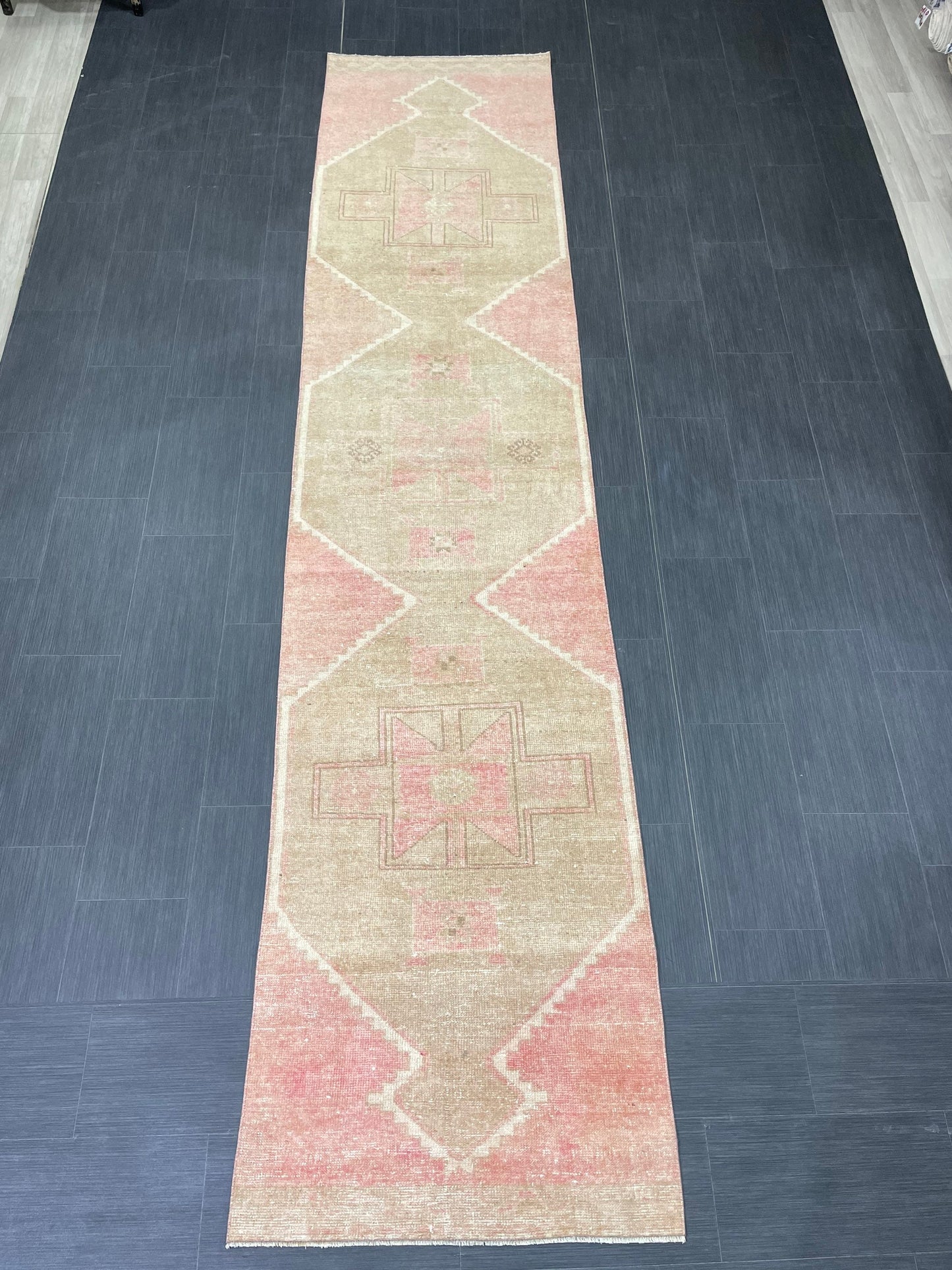 Muted Vintage Runner Rug 2.7 x 12.6 Hand Made Runner Rug Turkish Runner Rug Pink Vintage Runner Rug Hallway Runner Rug Wool Kitchen Runner