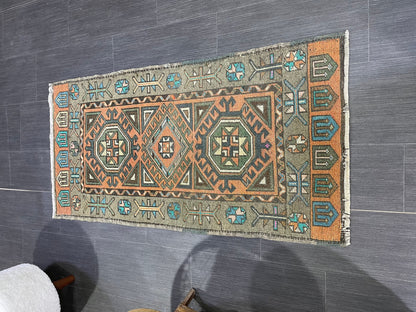 Hand Knotted Runner Rug, Vintage 2 x 4.4 Runner Rug,Handmade Short Runner Rug,Bathroom Runner Rug, Antique Runner Rug, Vanity Runner Rug