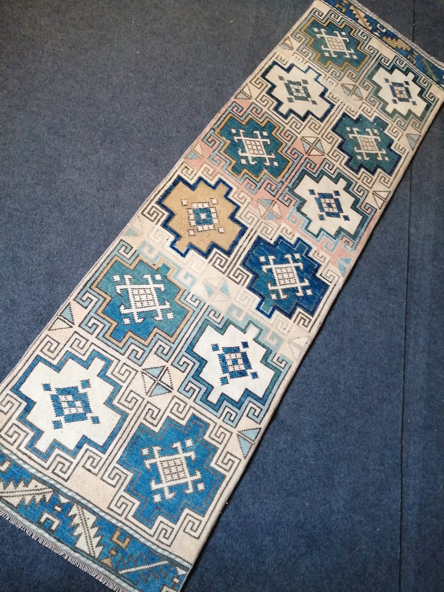 2 x 7.2 Oushak Runner Rug Turkish Runner Rug  Blue  Vintage Runner Rug Hallway Runner Rug Kitchen Runner Rug Wool Runner Navy Beige Green