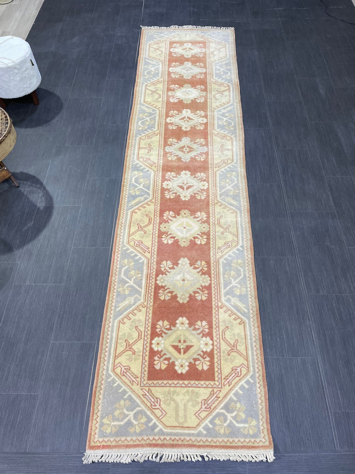 Vintage Hand Knotted Rug, Natural Wool Runner 2.7 x 10.5 Rug, Handmade Runner Rug, Turkish Runner Rug, Muted Runner Rug, Wool Kitchen Runner