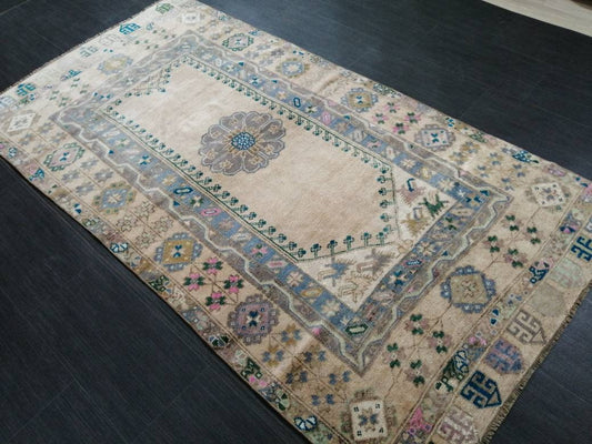 OUSHAK RUG TURKISH Oushak Rug Vintage Rug 3.7 x 7 Vintage Rug Wool Oushak Rug Hand Made Rug 4x7 Oriental Rug Turkish Rug