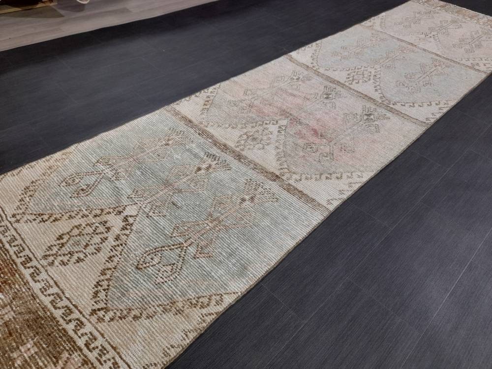 Muted Vintage Runner Rug 3.2 x 12.3 Hand Made Runner Rug Turkish Runner Rug Pink Vintage Runner Rug Hallway Runner Rug Distressed Runner Rug