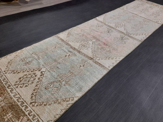 Muted Vintage Runner Rug 3.2 x 12.3 Hand Made Runner Rug Turkish Runner Rug Pink Vintage Runner Rug Hallway Runner Rug Distressed Runner Rug