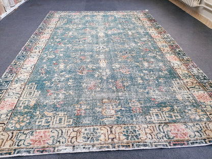 9'4x6'5 large oushak rug, blue distressed turkish rug vintage oushak runner rug vintage runner rug wool oushak vintsge hand made rugs