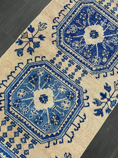 Blue and Blue Vintage Runner Rug Vintage Oushak Runner Rug 2.7 x 12  Hallway Runner Rug Turkish Kitchen Runner Antique Oriental Runner Rug