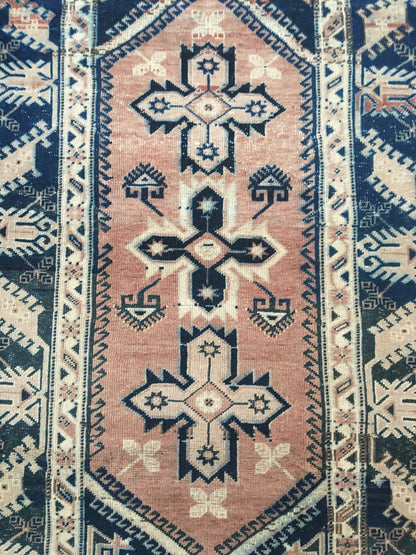 4x7 feet turkish large bedroom rug, handmade blue muted living room floor rug, vintage bathroom area rug, bohemian persian motif wool rugs