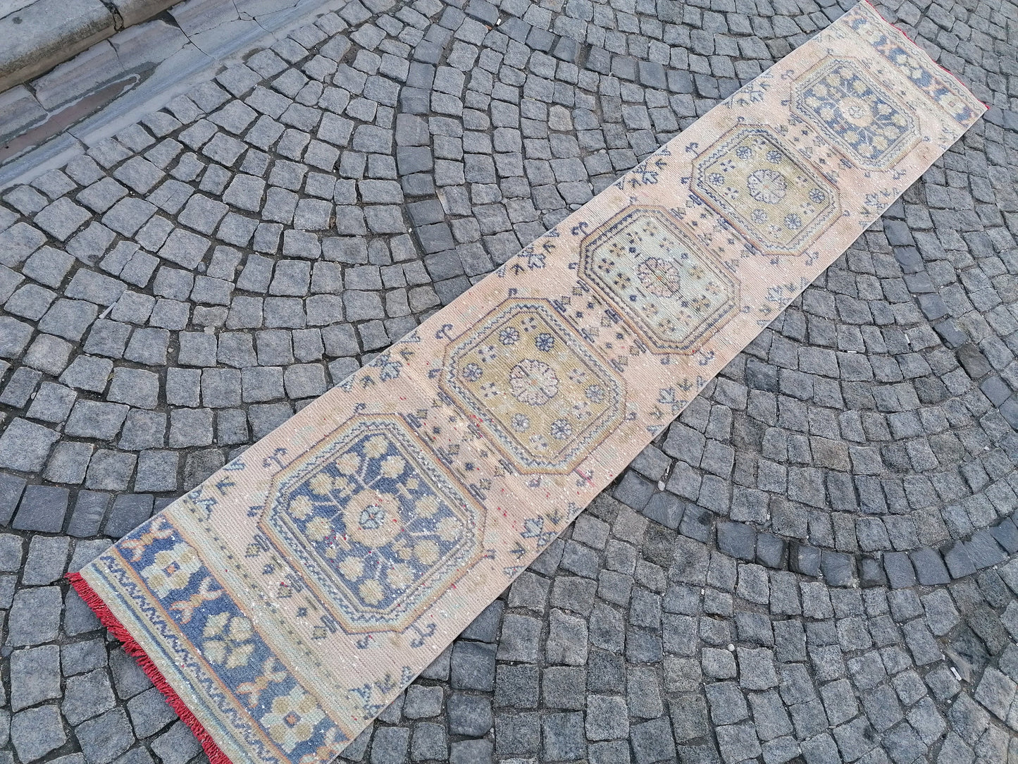 2'3x11'8 oushak turkish runner rug,turkish wool runner rug,hallway runner, vintage blue runner rug, vintage green runner rug,kitchen runner