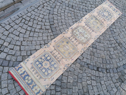 2'3x11'8 oushak turkish runner rug,turkish wool runner rug,hallway runner, vintage blue runner rug, vintage green runner rug,kitchen runner