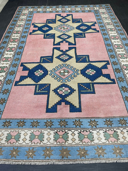 Turkish Rug Vintage 6.6 x 9.8 Rug Antique Rug Vintage Blue Pink Rug Wool