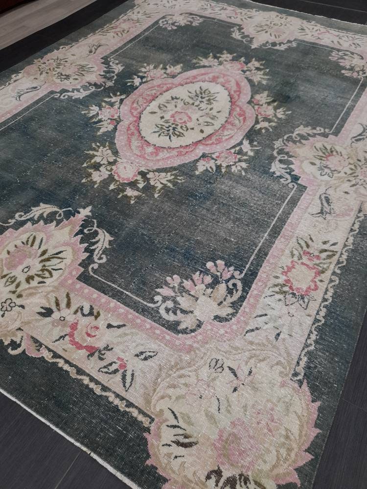 Vintage RUG  Hunter Green and Light Pink Antique Rug Vintage Wool 7.3 x 10 Oriental Rug Hand Made Rug Hand Knotted  Rug Wool on wool Rug