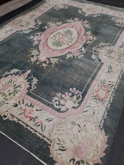 Vintage RUG  Hunter Green and Light Pink Antique Rug Vintage Wool 7.3 x 10 Oriental Rug Hand Made Rug Hand Knotted  Rug Wool on wool Rug