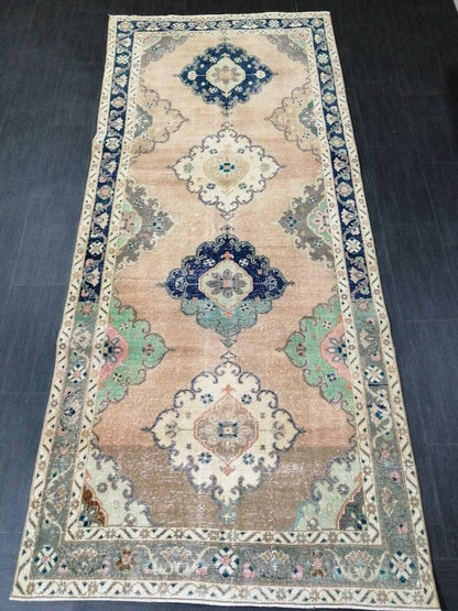 Vintage Runner Rug 4.4 x 10.2 Turkish Runner Rug Vintage Hallway Runner Rug Kitchen Runner Rug Wool Runner Rug