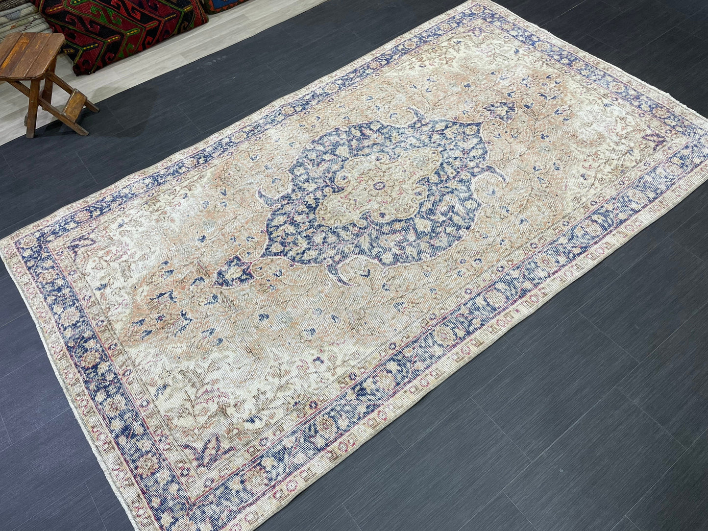 Persian RUG Vintage TURKISH 5 x 8.7 Rug Blue Vintage Rug Wool Oushak Rug Handmade Rug Hand Knotted Rug Natural Wool Rug