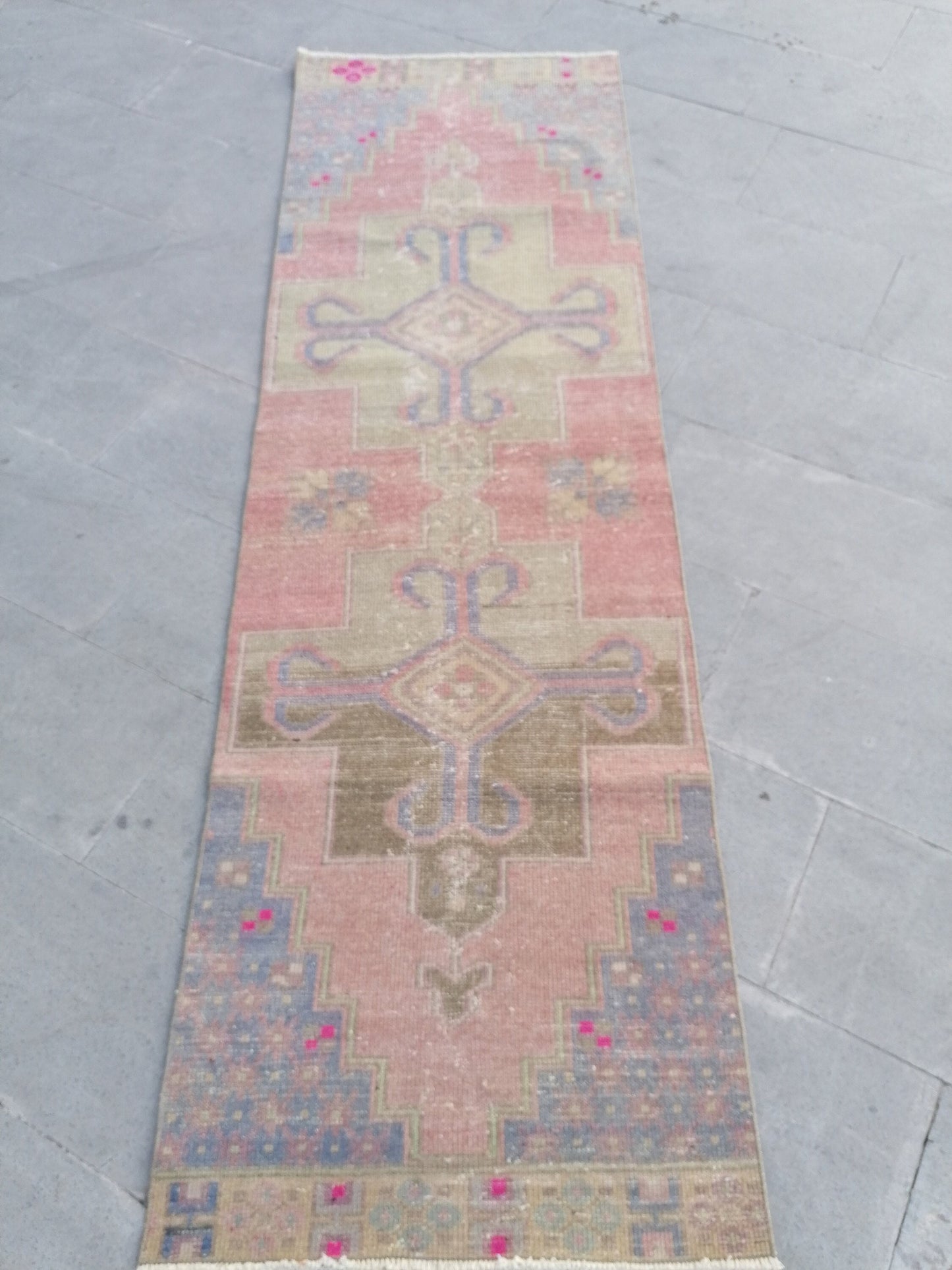 Runner rug 2'7x8'3 distressed vintage runner , rustic hand made wool runner