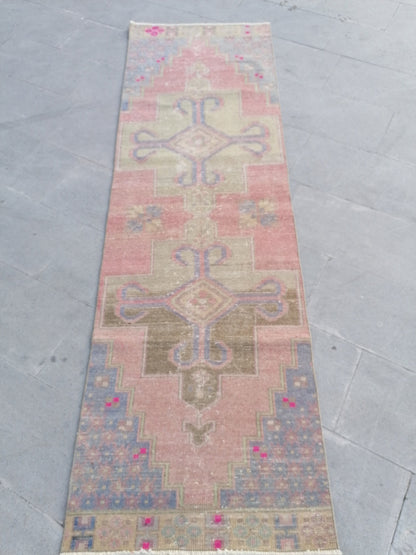 Runner rug 2'7x8'3 distressed vintage runner , rustic hand made wool runner