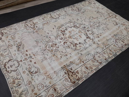 Neutral Oriental Rug TURKISH Rug 6 x 9.6 Distressed Vintage Antique Rug Vintage Wool Distressed Rug Neutral Hand Made Rug