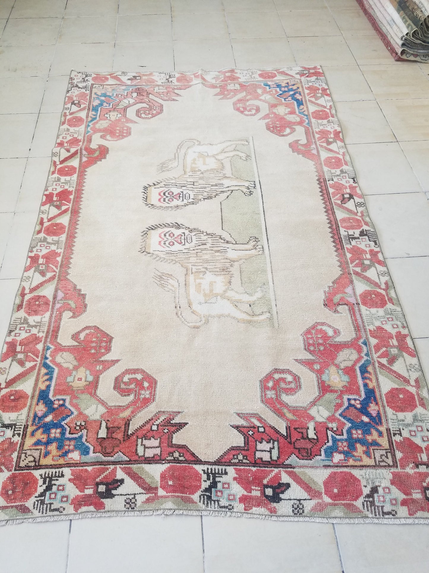 Lion oushak handmade wool rug 4'4x6'12 turkish rug vintage rug, vintage oushak rug, kitchen rug bohemian rug
