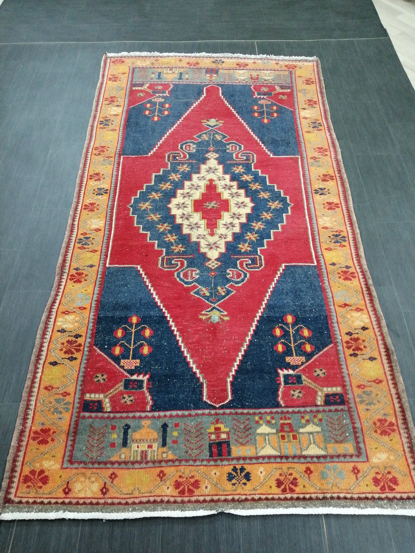 OUSHAK RUG 9 X 4.6 TURKISH Oushak Rug Blue Vintage Oushak Runner Rug Vintage Runner Rug Wool Oushak Rug Hand Made Rugs Vintage Turkish Rug