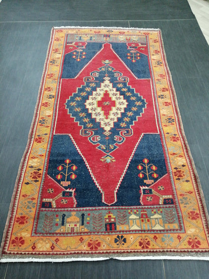 OUSHAK RUG 9 X 4.6 TURKISH Oushak Rug Blue Vintage Oushak Runner Rug Vintage Runner Rug Wool Oushak Rug Hand Made Rugs Vintage Turkish Rug