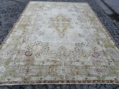 Vintage RUG TURKISH Muted 8.4 x 12.3 Oushak Rug Vintage Oriental Rug Vintage Large Rug Wool Antique Rug Hand Made Rugs Vintage Green Rug