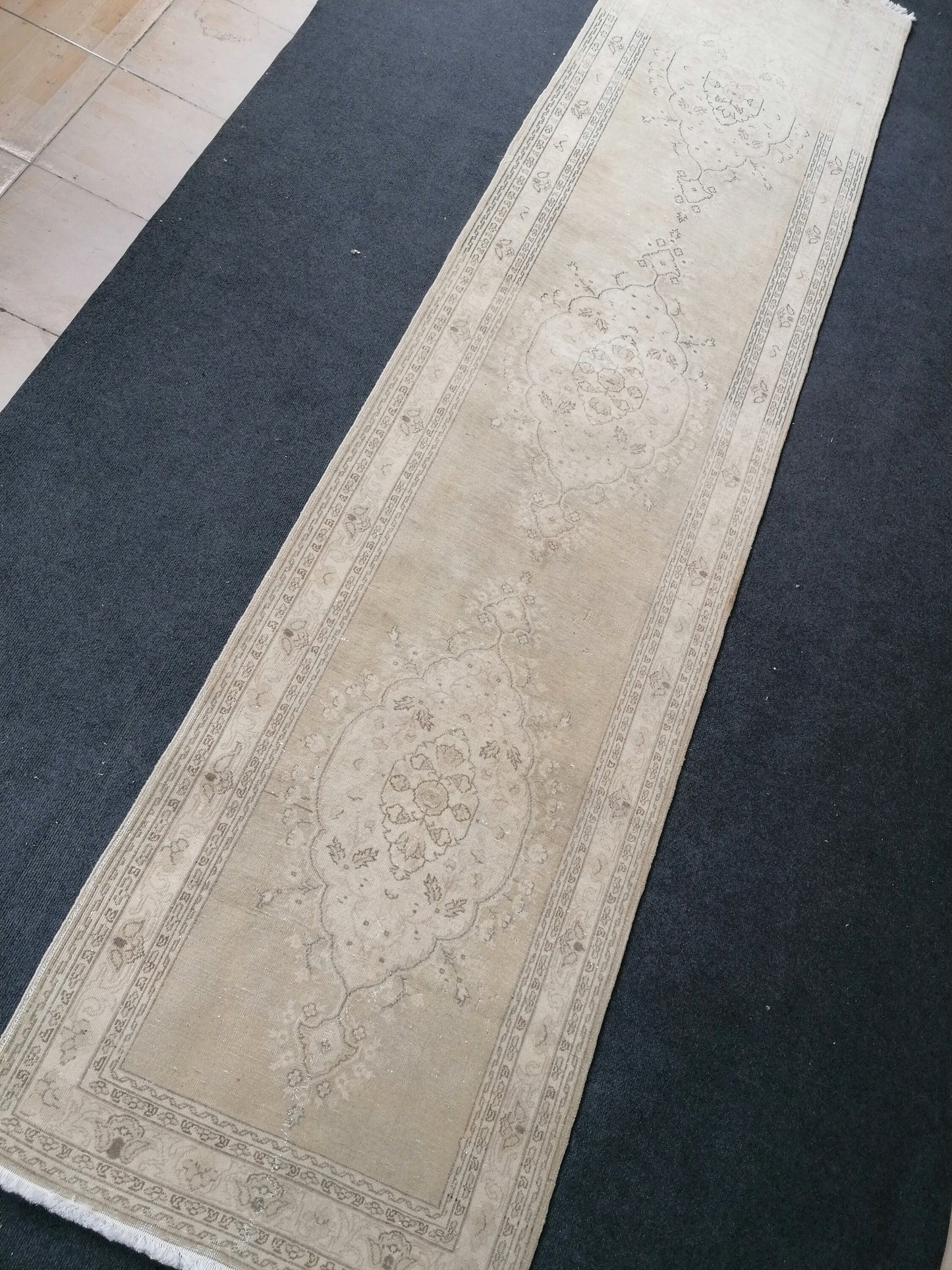Faded hallway runner rug, 11'5x2'9, pastel runner rug, faded turkish runner rug, vintage runner rug, muted entryway rug,oushak runner rug